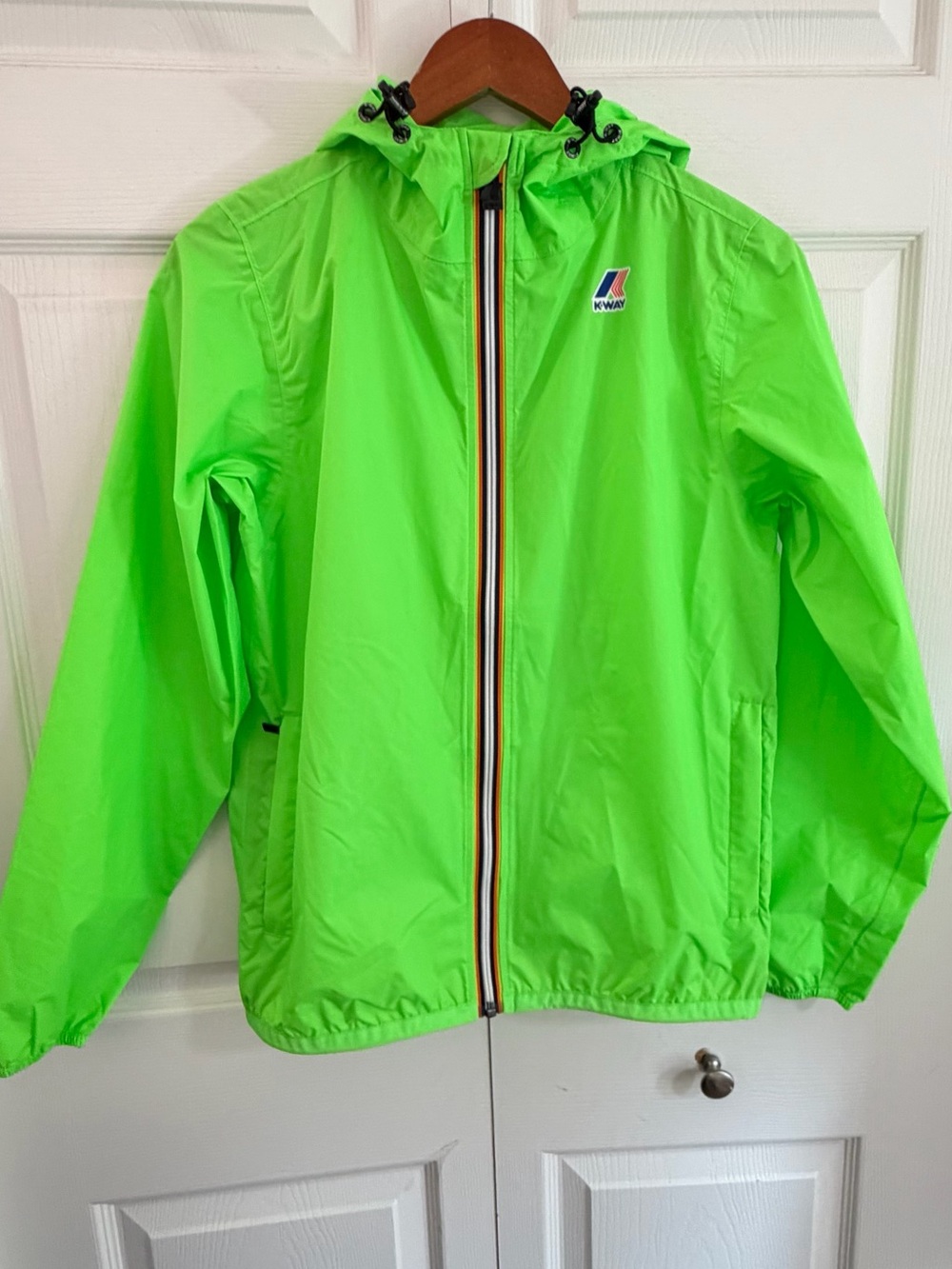 K-Way Le Vrai 3.0 Claude Neon Green Packable Rain Jacket XS Hiking wind breaker